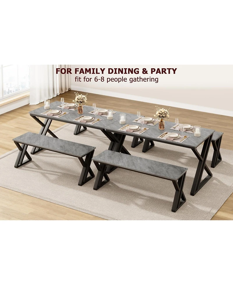 gaomon 3-Piece Rectangular Dining Table Set with X-Shaped Metal Frame and 2 Benches