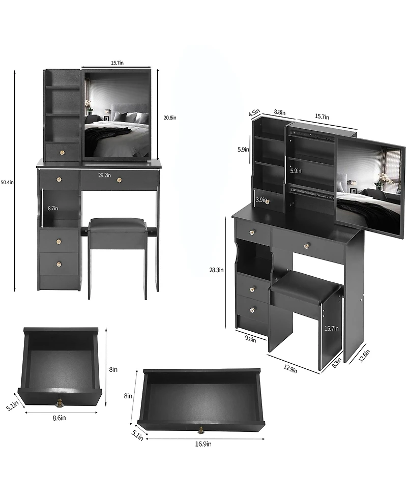 flynama 29.2 Inch Small Space Vanity Table Set with Mirror & Stool Compact Home Dressing Desk