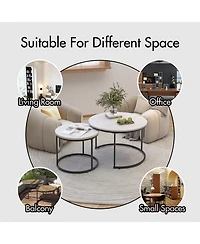 Rainsken Nesting Coffee Table Set of 2, 27.6" Round Center Table, Wood Marble Pattern Top with Sturdy Metal Frame for Living Room