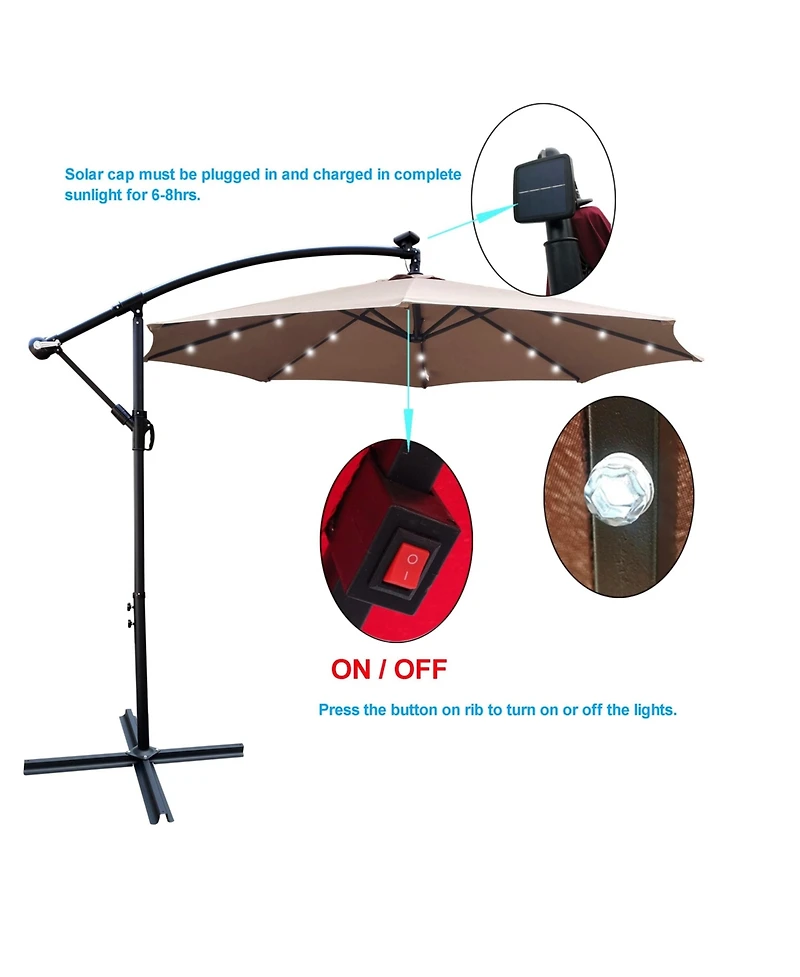 Clihome 10 Ft Solar Powered Led Waterproof Outdoor Umbrella with Crank and Cross Base