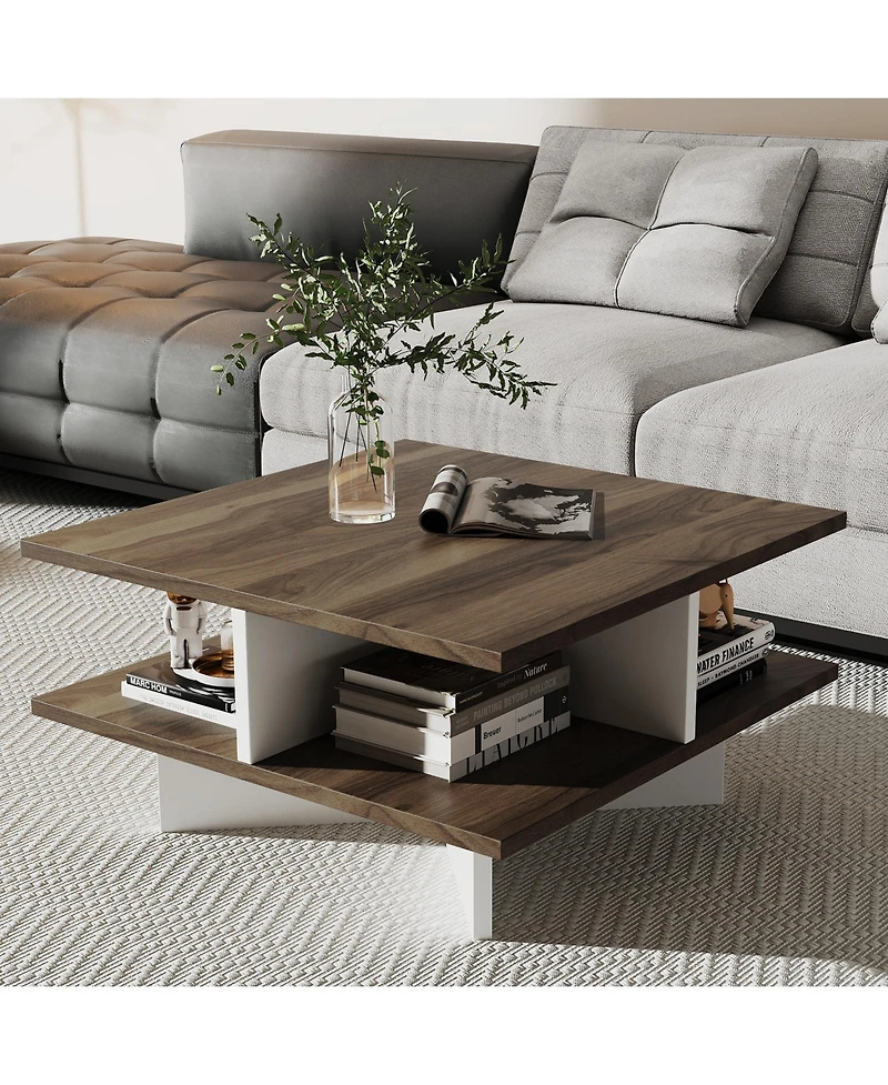 Sugift 2-Tier Square Coffee Table with 4 Storage Compartments-Walnut
