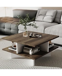 Sugift 2-Tier Square Coffee Table with 4 Storage Compartments-Walnut