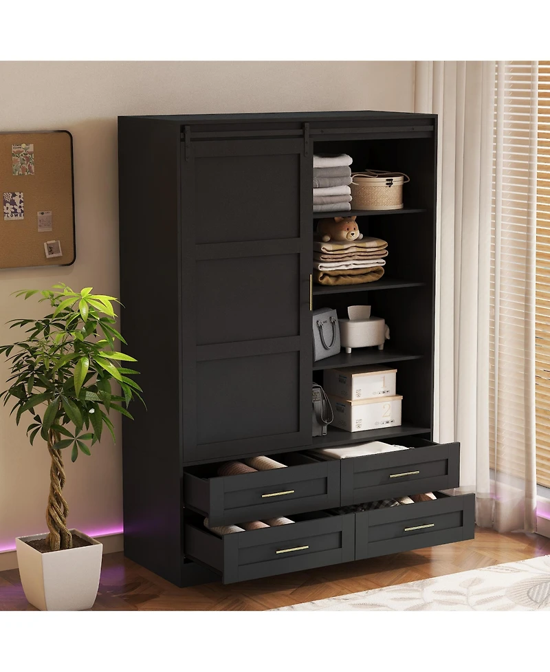 flynama Tall Bedroom Armoire Wardrobe Closet with Hanging Rod Barn Door Drawers and Open Shelves Clothing Storage Cabinet