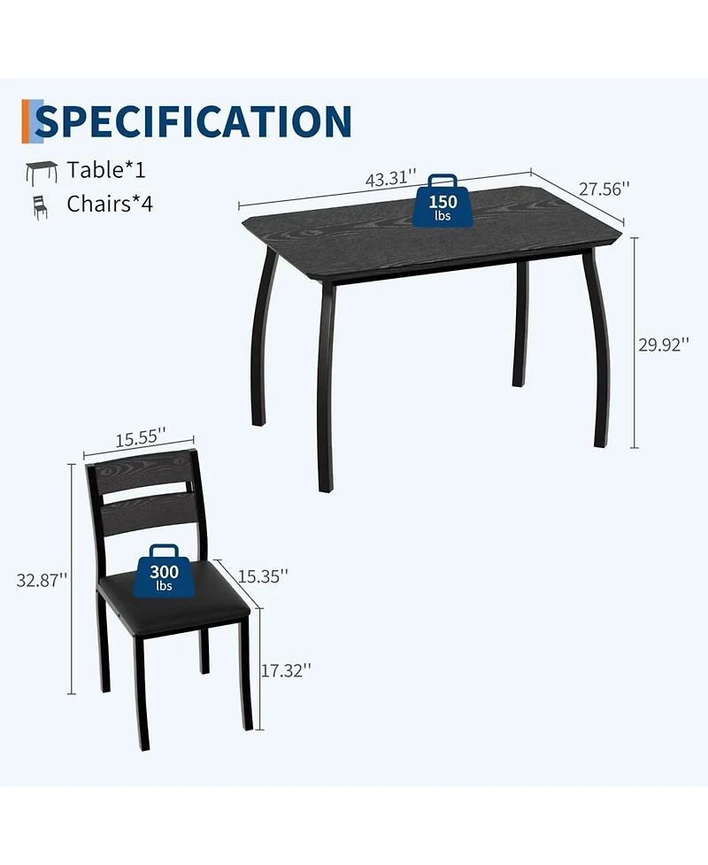 gaomon 5-Piece Modern Wooden Dining Table Set with 4 Upholstered Chairs