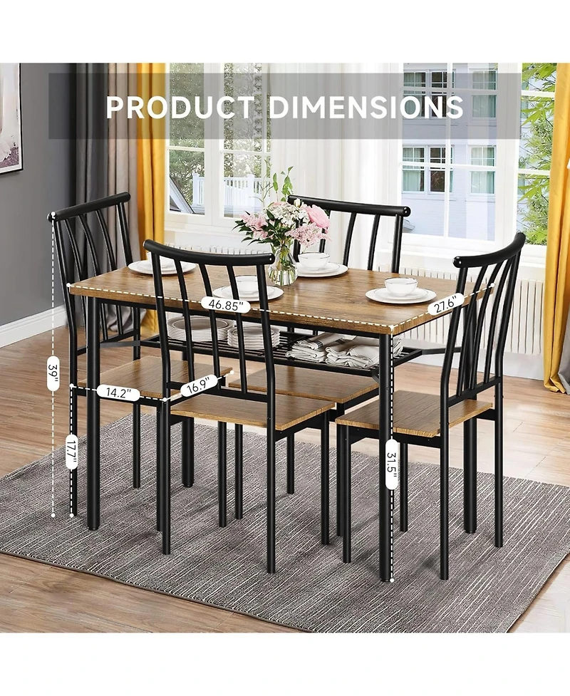 gaomon 5-Piece Rustic Wood and Metal Rectangular Dining Table Set with Storage Rack