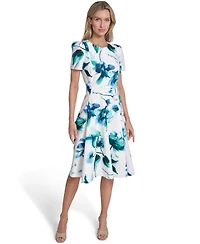 Calvin Klein Petite Hopsack Short-Sleeve Jewel Neck Dress