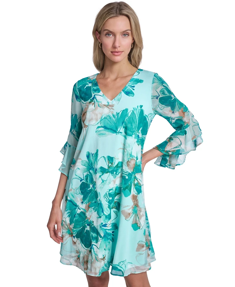 Calvin Klein Petite Bell-Sleeve V-Neck Trapeze Dress