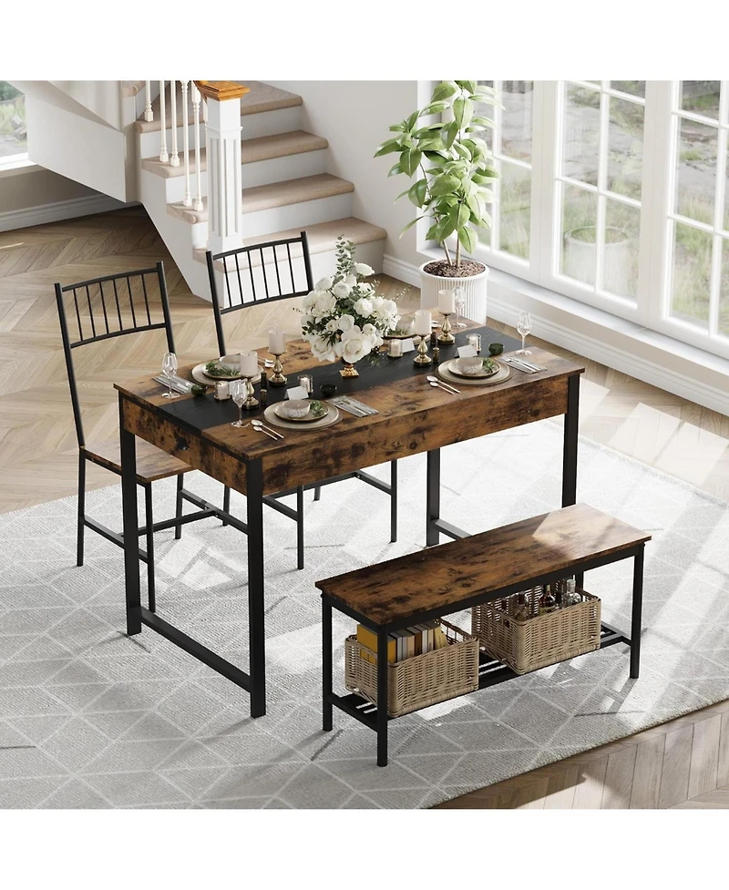 gaomon 4-Piece Farmhouse Rectangular Dining Table Set with 2 Chairs and Bench