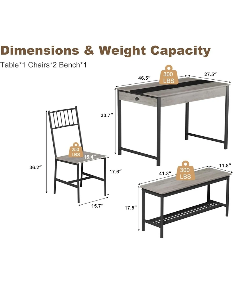 gaomon 4-Piece Farmhouse Rectangular Dining Table Set with 2 Chairs and Bench