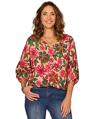Democracy Petite Floral Kimono-Sleeve V-Neck Woven Top
