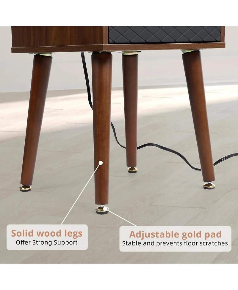 gaomon Mid Century Modern Nightstand with Charging Station, Wooden Bedside Table with Drawers, End Table Side Table with 2 Tiers Storage for Bedroom