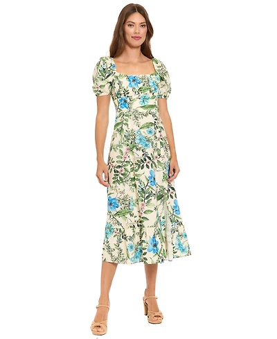 London Times Women's Floral Print Square Neck Midi Dress