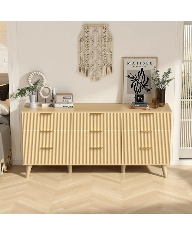 flynama 9 Drawer Fluted Wooden Dresser 63W 15.7D 29.5H for Bedroom Nursery Entrance with Wave Pattern