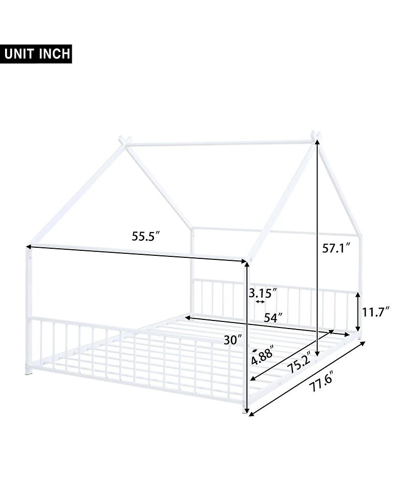 flynama White Metal House Bed with Roof Design Semi Enclosed Space and Integrated Slat Support