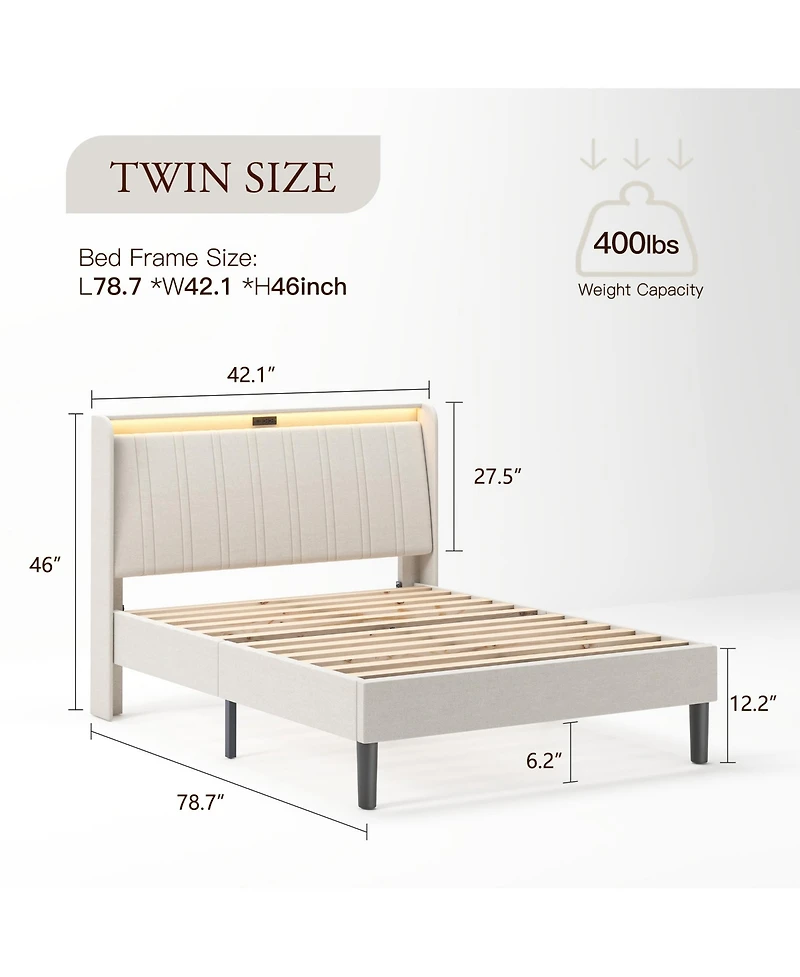 flynama Platform Bed Fabric Upholstered Headboard Wood Slats Usb Charging