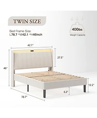 flynama Platform Bed Fabric Upholstered Headboard Wood Slats Usb Charging