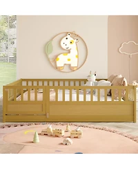 flynama Montessori Floor Bed With Support Slat High Barrier Door Natural Wood For Kids