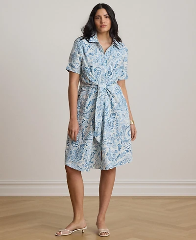Lauren Ralph Plus Paisley Tie-Front Linen Shirtdress