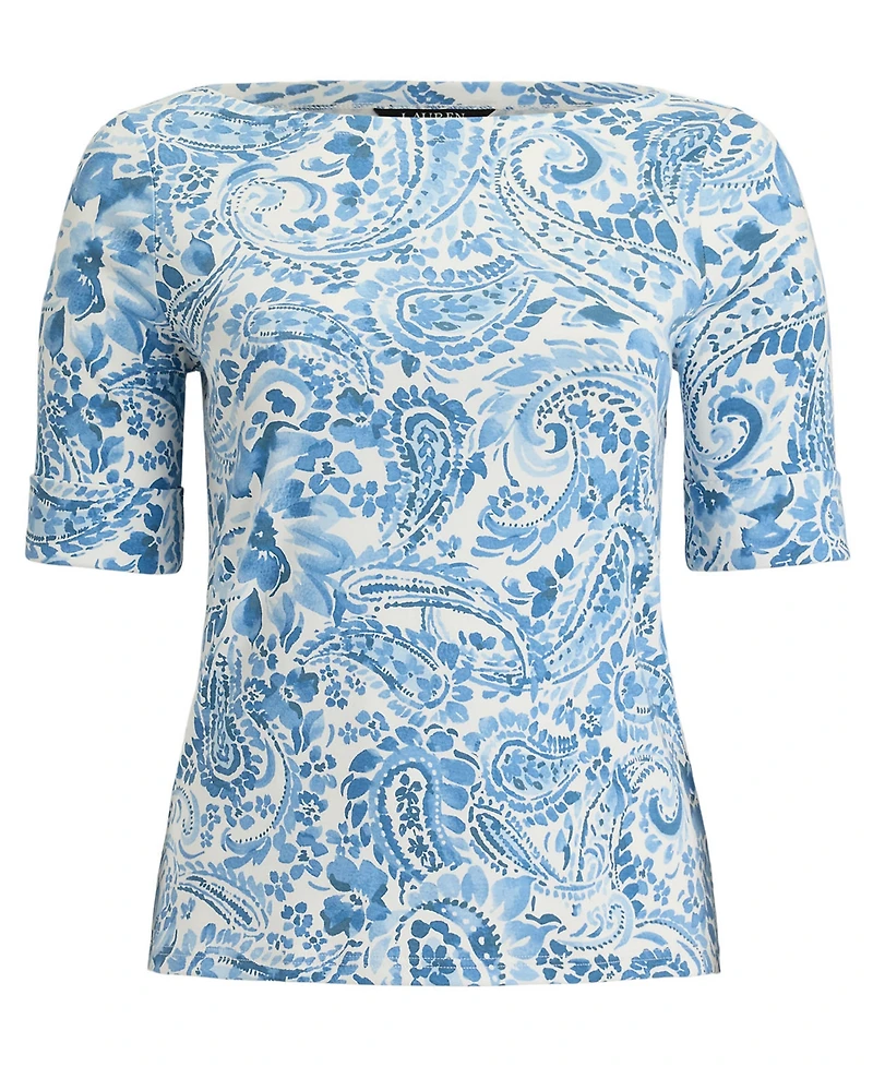 Lauren Ralph Plus Paisley Stretch Boatneck T-Shirt