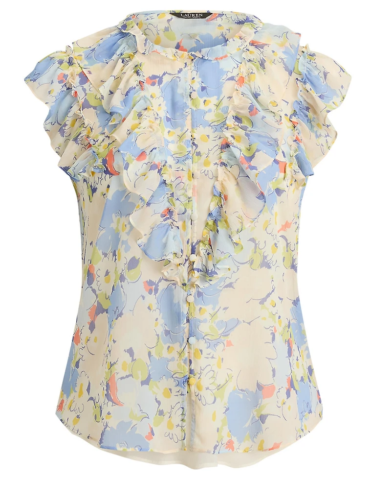 Lauren Ralph Plus Floral Ruffle-Trim Georgette Shirt