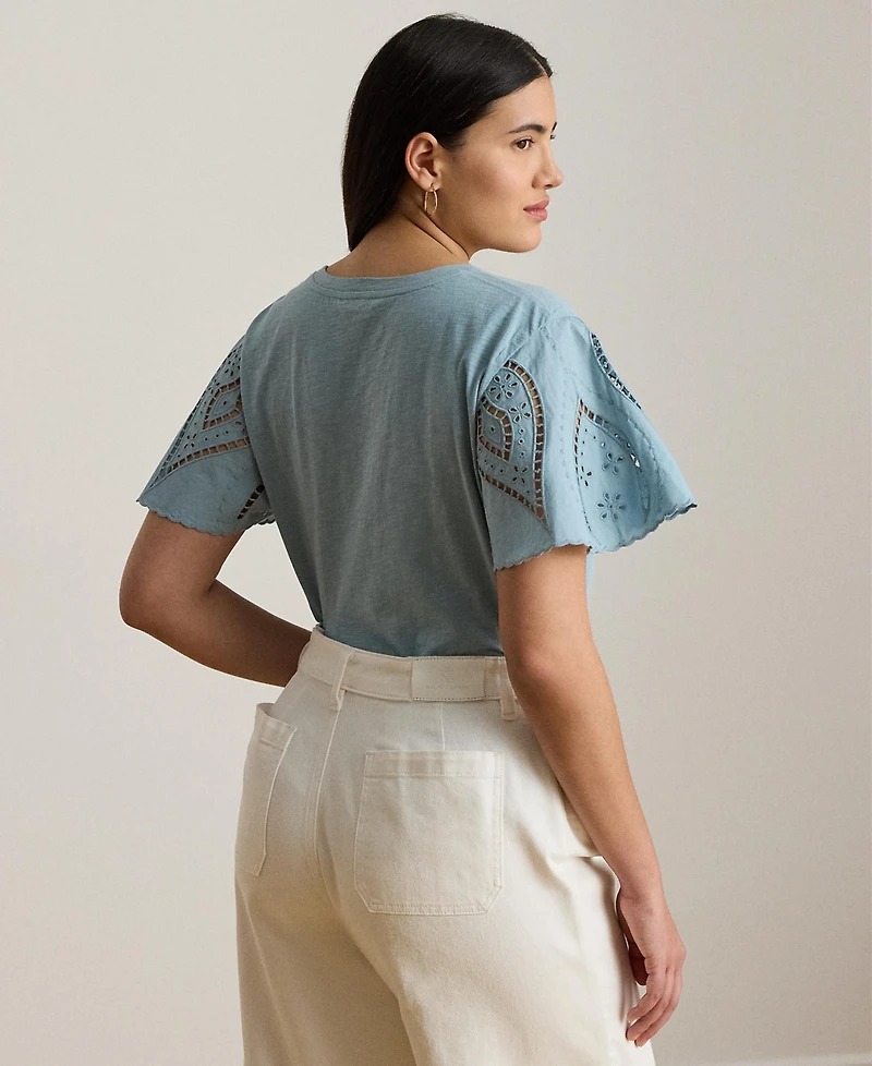 Lauren Ralph Plus Eyelet Jersey & Broadcloth Top