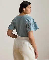 Lauren Ralph Plus Eyelet Jersey & Broadcloth Top