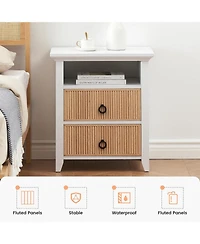 gaomon Wooden Nightstand with 2 Drawers and Open Shelf Ripple Pattern Bedside Table with Fluted Design Suitable End Side Table for Bedroom Living Room