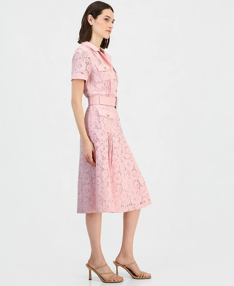 Tahari Asl Women's Belted Short-Sleeve Lace Midi Shirt Dress