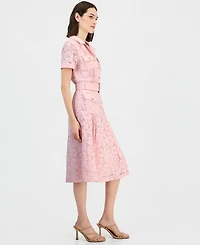 Tahari Asl Women's Belted Short-Sleeve Lace Midi Shirt Dress