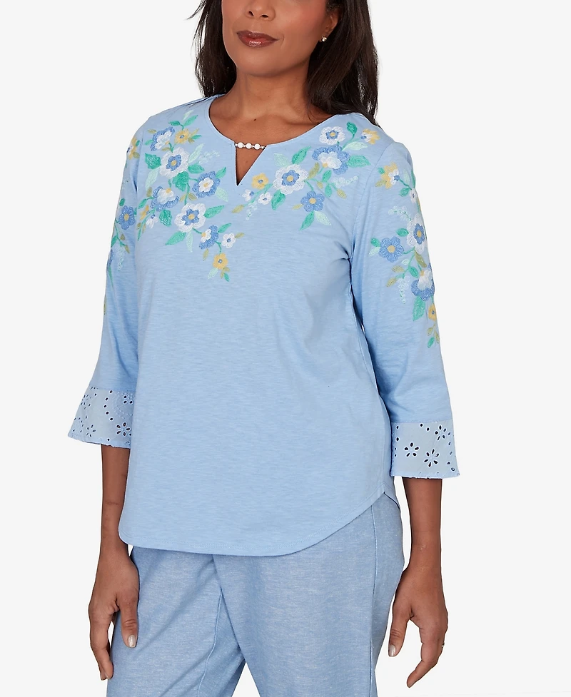 Alfred Dunner Women's Caribbean Blues Floral Embroidered Split Neck Top