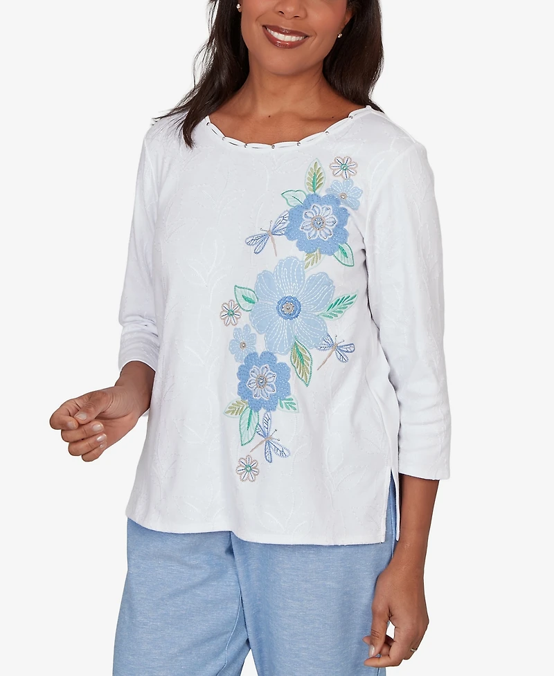 Alfred Dunner Women's Caribbean Blues Embroidered Dragonfly Floral Top