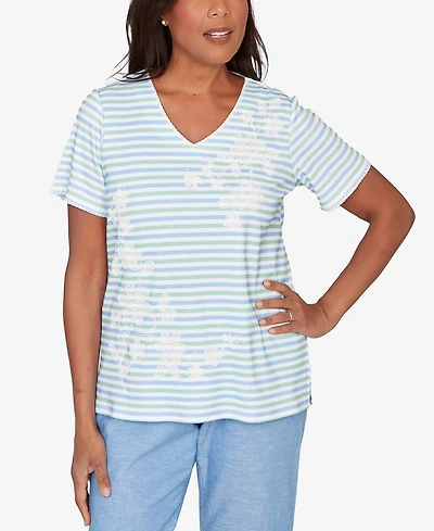 Alfred Dunner Women's Caribbean Blues Highlight Flower Striped T-Shirt
