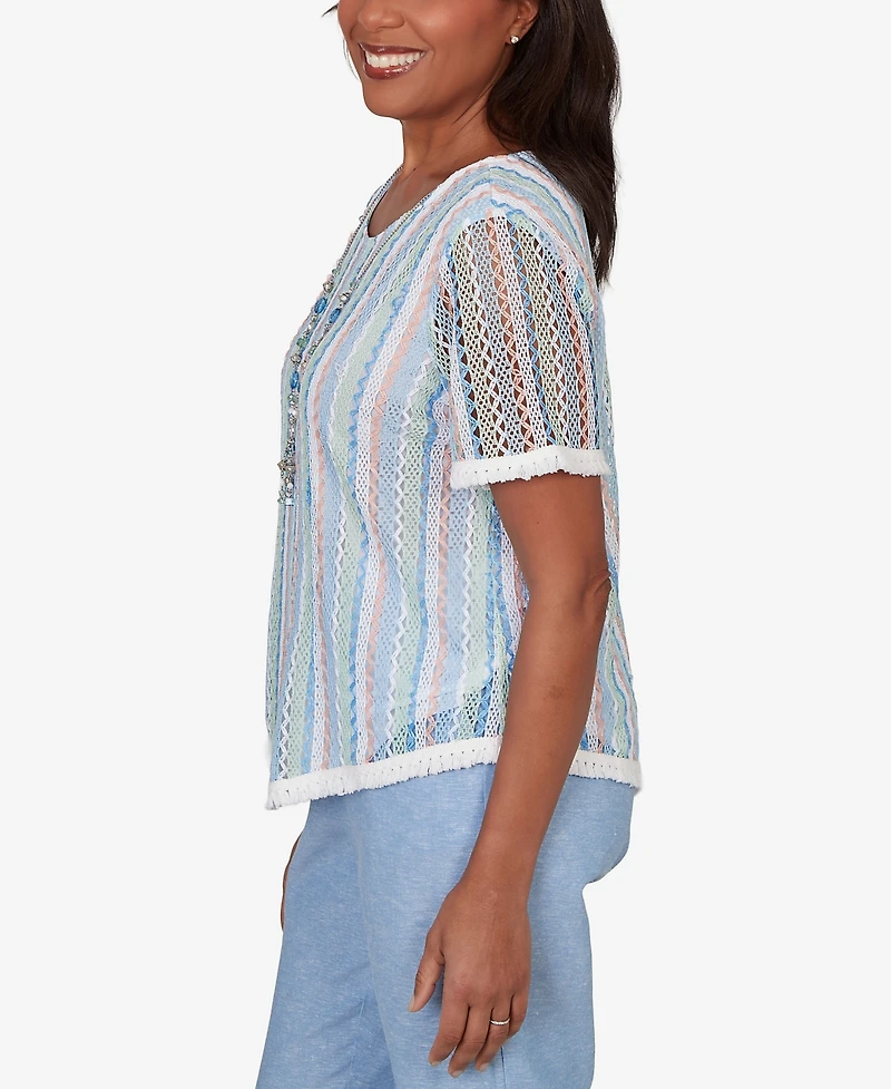 Alfred Dunner Petite Caribbean Blues Textured Stripe T-Shirt with Necklace