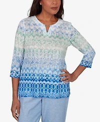 Alfred Dunner Petite Caribbean Blues Ombre Biadere Split Neck Top