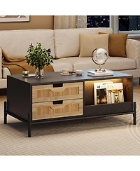 gaomon Wooden Coffee Table, Modern Farmhouse Style 394" Table with 4 Hidden Drawers and 2 Open Compartments, Room Tables with Led Mood Lighting