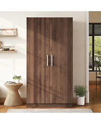 flynama 2 Door Wooden Wardrobe Armoire with 3 Storage Shelves Brown Clothing Storage Cabinet for Bedroom and Guest Room