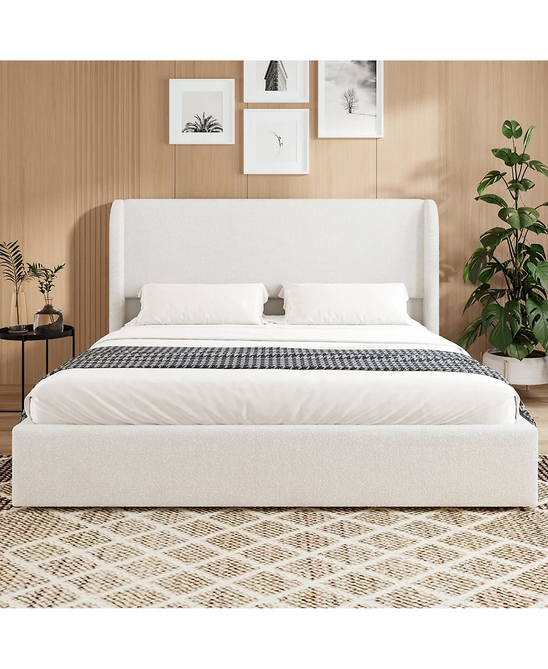 flynama Boucle Cloud Bed Frame Upholstered Headboard Solid Wood Slats No Box Spring