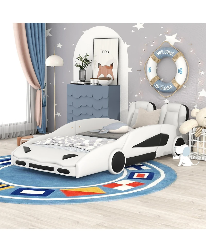 flynama Race Car Shaped Platform Bed With Wheels For Kids Bedroom