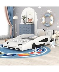 flynama Race Car Shaped Platform Bed With Wheels For Kids Bedroom