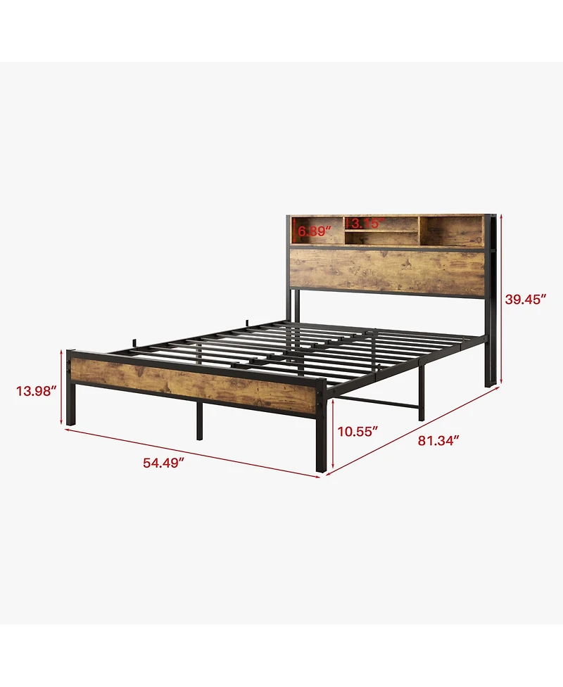 flynama Metal Bed Storage Headboard Charging Station Bookcase