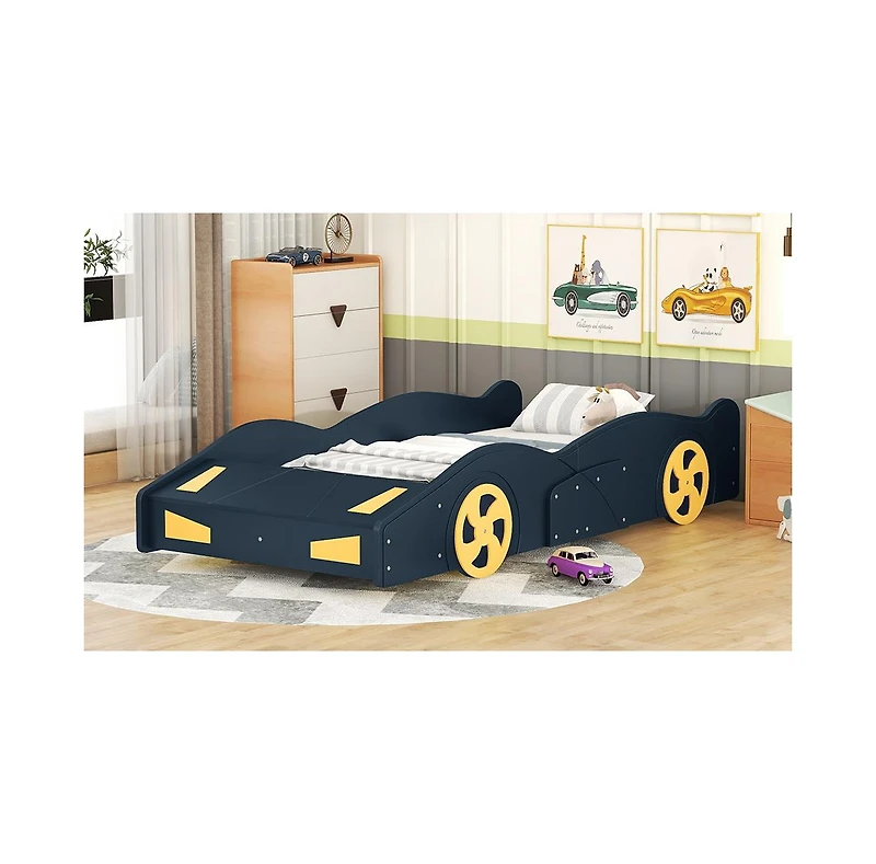 flynama Race Car Shaped Platform Bed Dark Wheels Storage Pine Wood