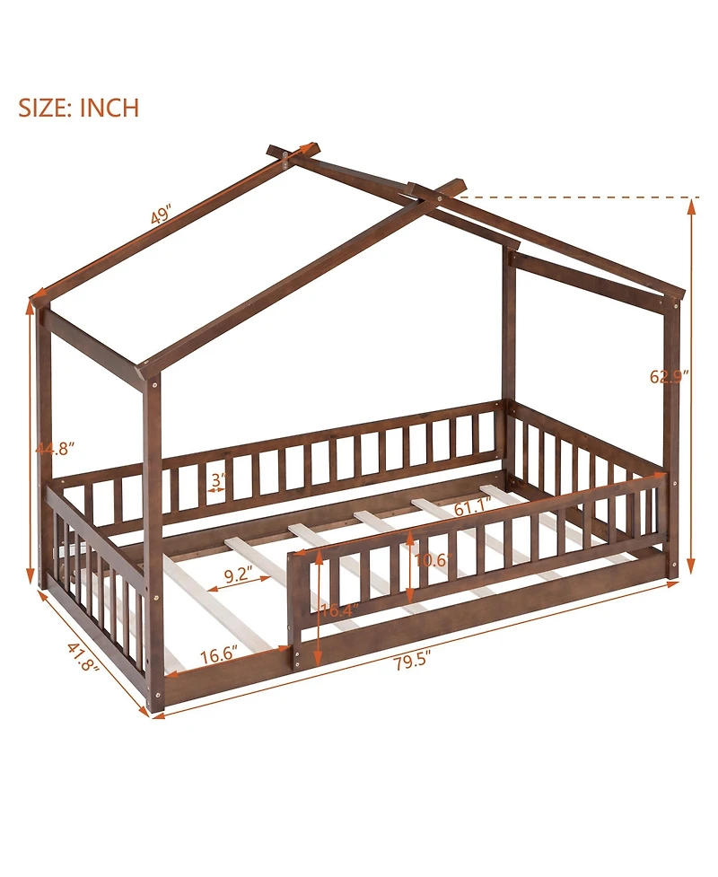 flynama Wood House Bed Walnut Roof Fence Pine Wood Frame 7 Slats Kids Teens