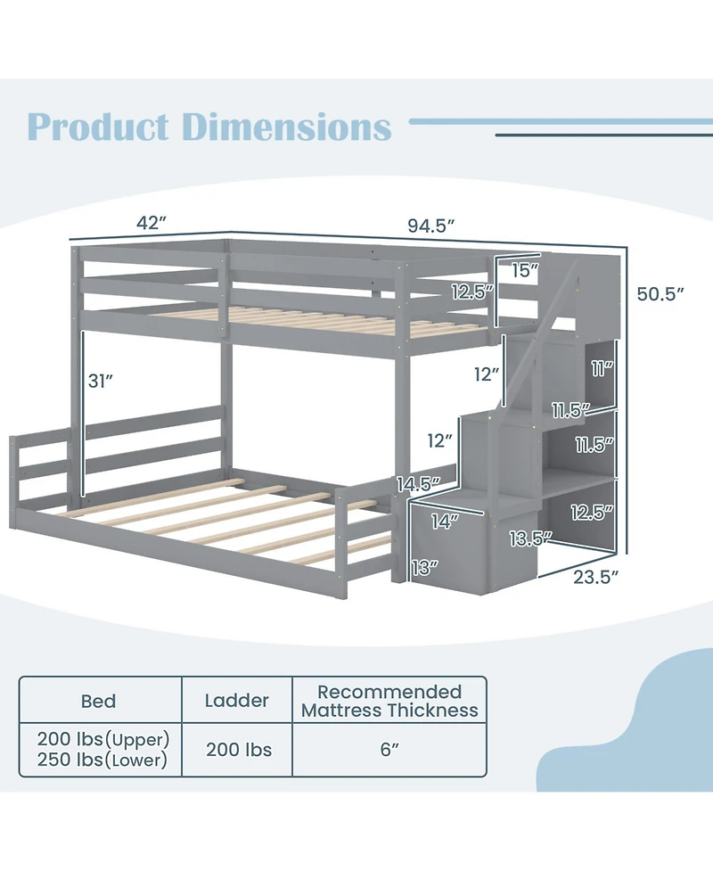 Sugift Solid Wood Twin Over Full Low Bunk Bed with Storage Stairs