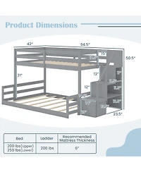 Sugift Solid Wood Twin Over Full Low Bunk Bed with Storage Stairs