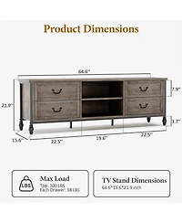 gaomon 70 Inch Mid-Century Modern Tv Stand with Storage, Featuring Metal Roman Columns and Drawer, Tv Console Table for Living Room