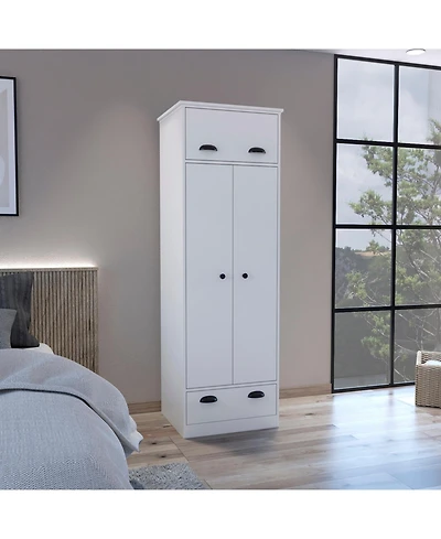flynama Armoire with 1 Drawer 1 Hinged Drawer Handles Double Door Cabinet and Hanging Rod for Bedroom Storage