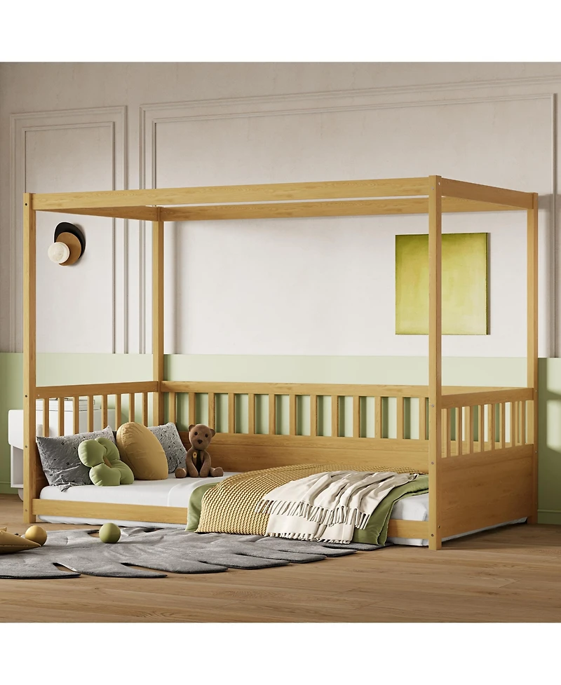 flynama Wooden Canopy Floor Bed With Guardrails Four Poster Design For Kids