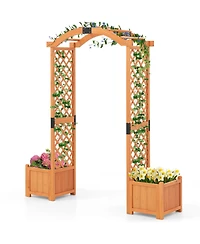Gymax Wooden Garden Arbor w/ 2 Planter Boxes Drainage 6 Ft Solid Wood Arbour Trellis