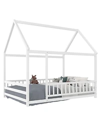 flynama Wooden Floor Bed With House Roof Frame And Fence Guardrails For Kids