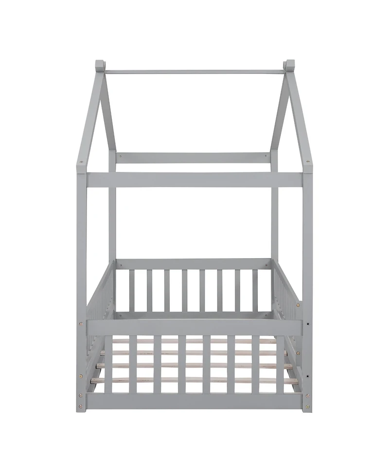 flynama Wood House Bed Roof Fence Pine Wood Frame 7 Slats Kids Teens